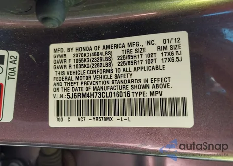 2012 Honda Cr-V from USA, damaged, VIN 5J6RM4873CL016016
